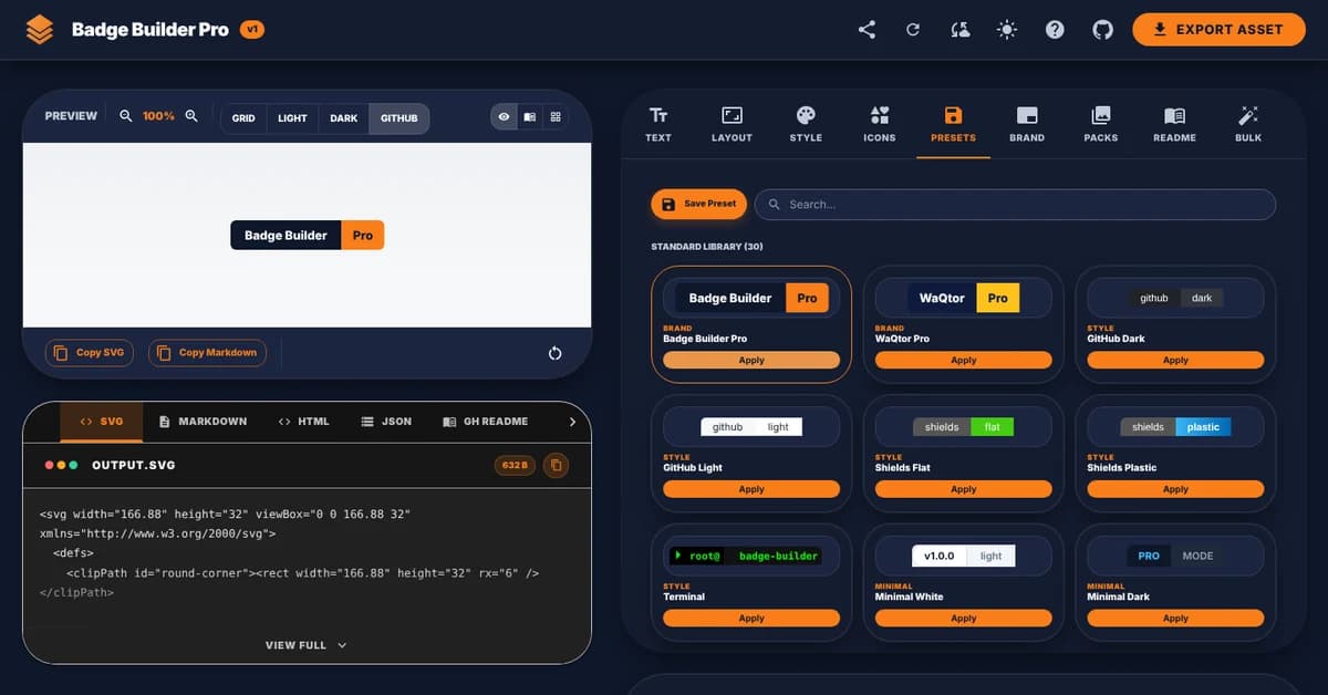 Badge Builder Pro editor with a live SVG badge preview and an icon library