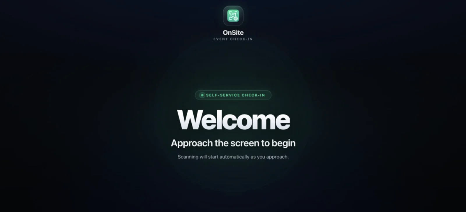 OnSite self-service kiosk welcome screen on an iPad